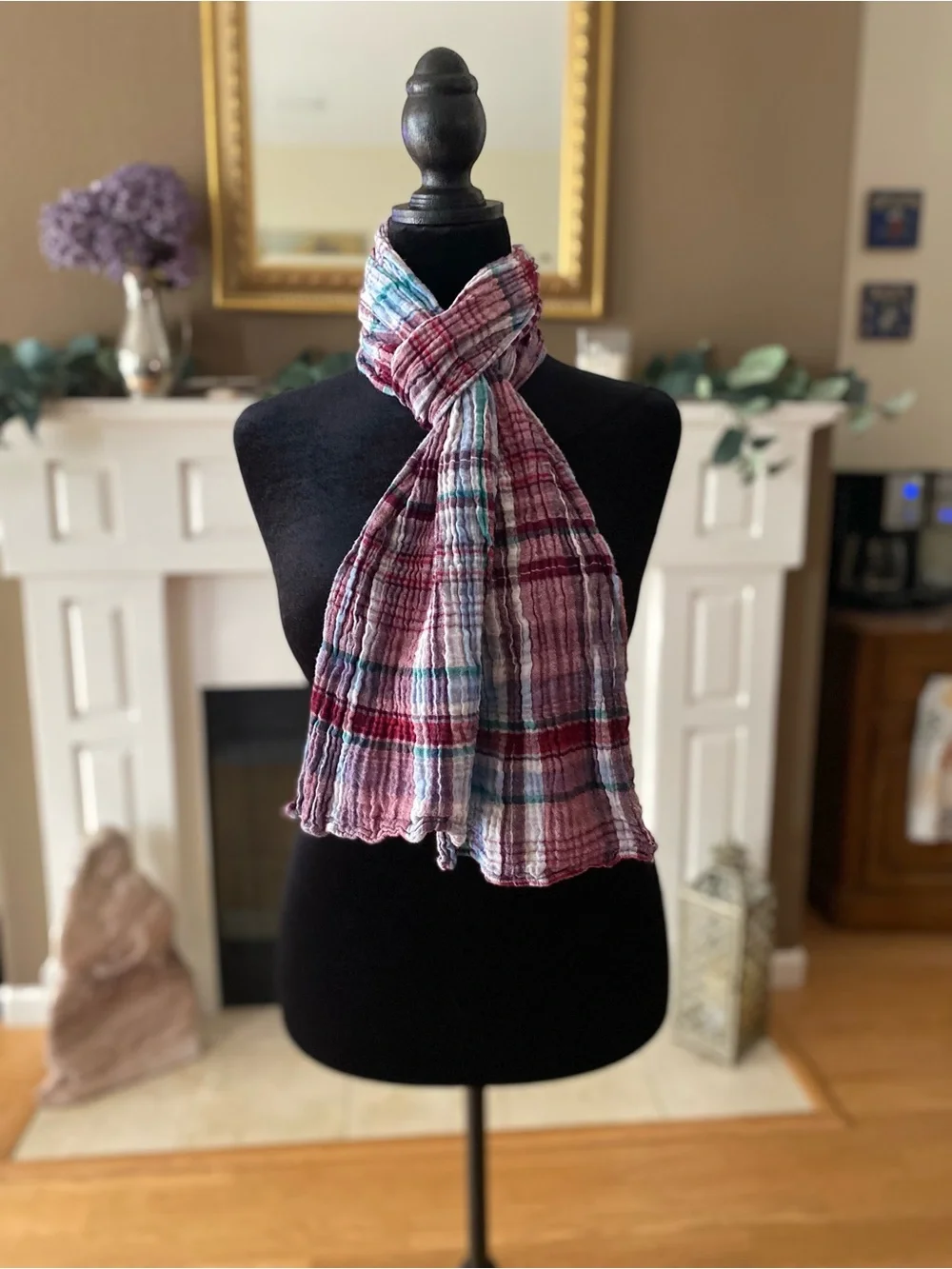 Plaid Lightweight Reversible Scarf in Maroon and Blue - Women Accessories